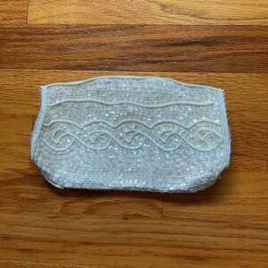 90s Vintage Sequined + Beaded White Clutch Wallet Bridal Wedding Bling